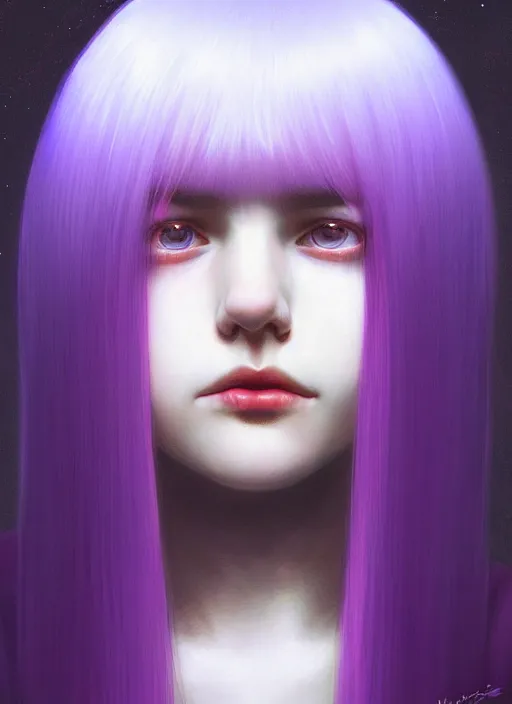 Image similar to hair whitebangs hair, black hair, whitebangs, portrait of teenage girl with white bangs, red irises, purple clothes, white bangs, bangs are different color from hair, intricate, elegant, glowing lights, highly detailed, digital painting, artstation, concept art, smooth, sharp focus, illustration, art by wlop, mars ravelo and greg rutkowski