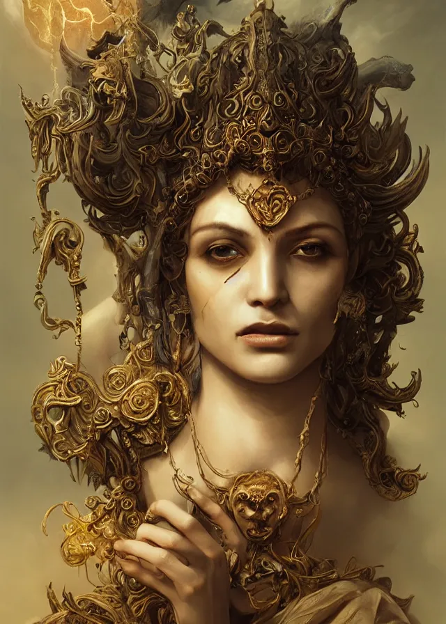 Prompt: woman portrait, head on face, foreground, volumetric, wearing a carved half mask with incrustations, godness lik vishnu, ethereal, evil, elements, baroque, rococo, ink, tarot card enviromet, cinematics lights, detailed, intricate illustration, octane render, golden ratio fine art by peter mohrbacher & marc simonetti
