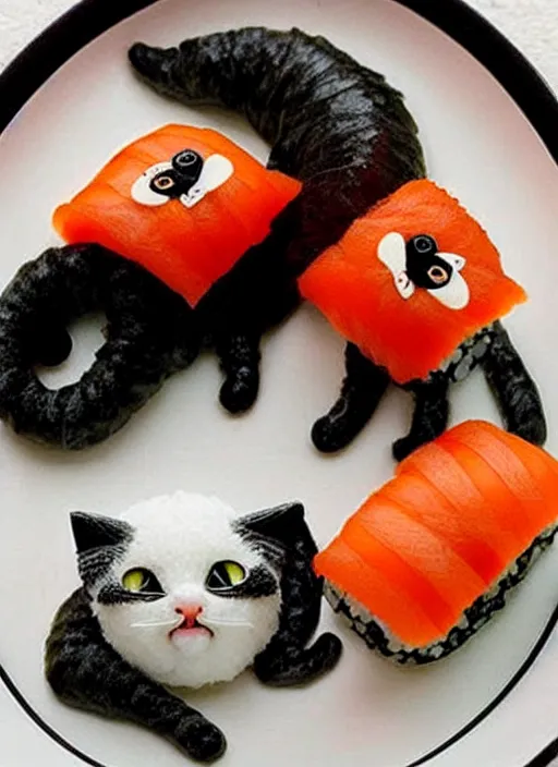 Image similar to clear photorealistic picture of adorable cats made out of sushi