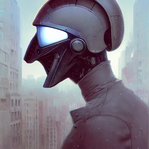 Prompt: dreary realism portrait of masked cyber punk helmet on the art deco streets of the big city, artstation, award - winning realistic sci - fi concept art by jim burns and greg rutkowski, beksinski, a realism masterpiece, muted color palette, james gilleard, bruegel, alphonse mucha, and yoshitaka amano