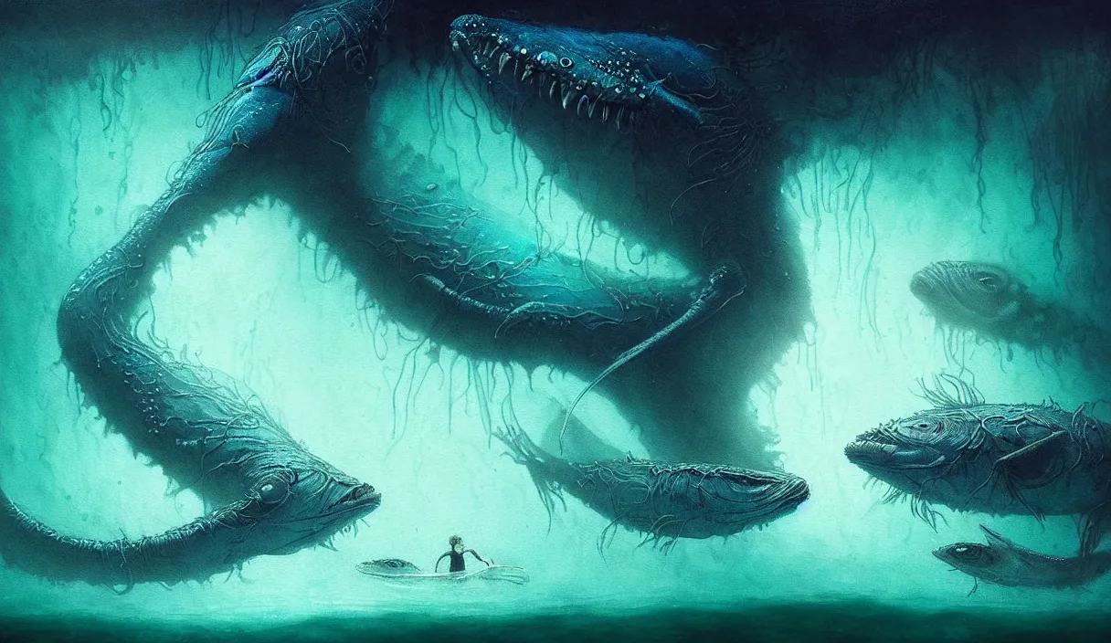 Image similar to epic professional digital art of hungry eyes, ambient teal light, painted, mysterious, closeup cinematic aquatic life scene, eerie, mythic, detailed, intricate, grand, leesha hannigan, wayne haag, reyna rochin, ignacio fernandez rios, mark ryden, van herpen, artstation, cgsociety, epic, stunning, gorgeous, wow wow detail