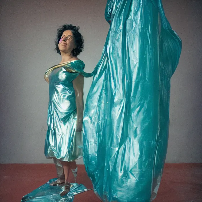Prompt: closeup portrait of a woman wrapped in teal cellophane, standing in a derelict planetarium, color photograph, by paula rego, canon eos c 3 0 0, ƒ 1. 8, 3 5 mm, 8 k, medium - format print