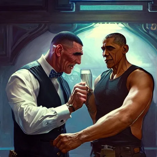 Image similar to vinnie jones and barak obama fighting in a pub, real life skin, intricate, elegant, highly detailed, artstation, concept art, smooth, sharp focus, art by artgerm and greg rutkowski and alphonse mucha