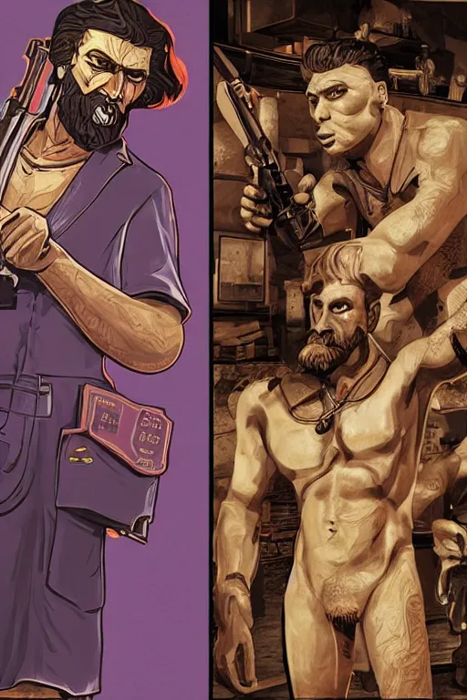 Prompt: saint homo neanderthalis, with book of science, on his right hand, and riffle, on his left hand, without duplicate content, violet polsangi pop art, gta chinatown wars art style, bioshock infinite art style, incrinate, realistic anatomy, hyperrealistic, two colors, white frame, balance content position