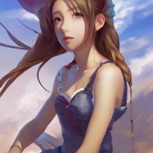 Image similar to full body shot of aerith gainsborough by WLOP, rossdraws, Logan Cure, Mingchen Shen, BangkuART, sakimichan, yan gisuka, JeonSeok Lee, zeronis, Chengwei Pan on artstation