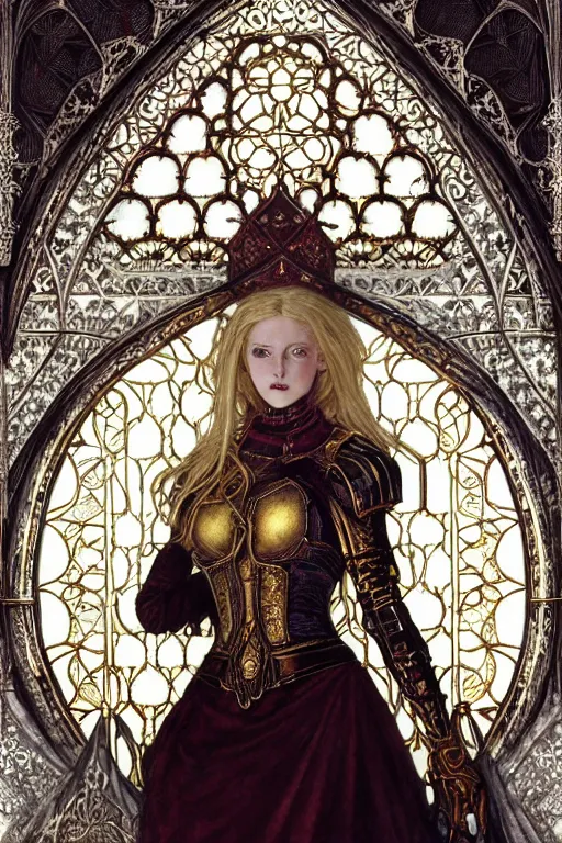 Prompt: beautiful luxury and elite and victorian and holy medieval female red and white silver mirror color armor knight portrait+smoky eyes+light flowing golden blonde hair, in ruin gothic cathedral, ultradetail face, art and illustration by tian zi and craig mullins and WLOP and alphonse mucha, fantasy, intricate complexity, human structure, fantasy world concept, watermark, blurry, hyperrealism 8k