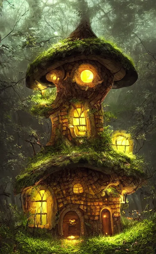 Image similar to a mushroom house in the middle of a forest at night, the lights are on, dynamic lighting, photorealistic fantasy concept art, trending on art station, stunning visuals, creative, cinematic, ultra detailed