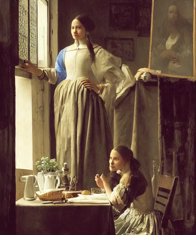 Prompt: a highly detailed, beautifully lit portrait of a pretty, young alicia vikander sitting at a table by an open window, oil painting portrait by vermeer and bouguereau