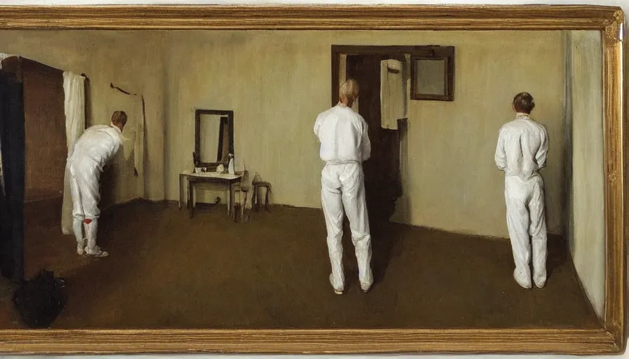 Image similar to painting by borremans, man back standing in front on the mirror and his back in the mirror with small village house and tiny tree, detailed, stunning