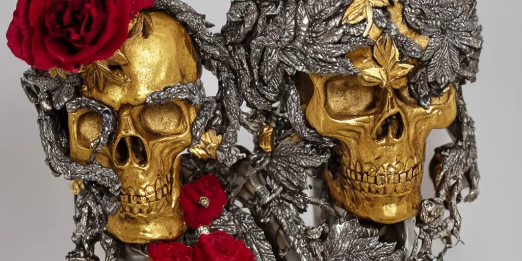 Image similar to intricate statue with gold and silver leafs, skulls, candles and red crystals, by Andres Rios, H 576