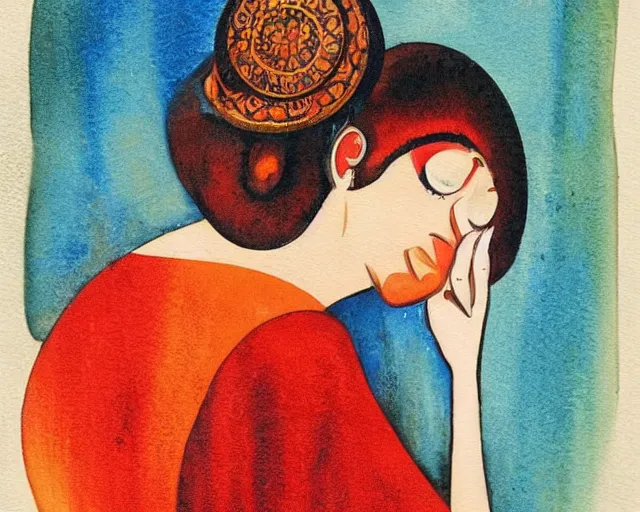 Prompt: a very unique stylize watercolor painting. 3 / 4, medium shot. a straight and long nose, and huge prominent eyes. she is looking at the mirror and crying to the sun. old photograph. sharp image. fellini style. highly detailed, color harmony, art station, ornate, lynch style. old photography