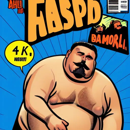 Image similar to A fat man with a fade haircut and a mustache as a comic book hero fighting off evil,, 4k, comic book cover