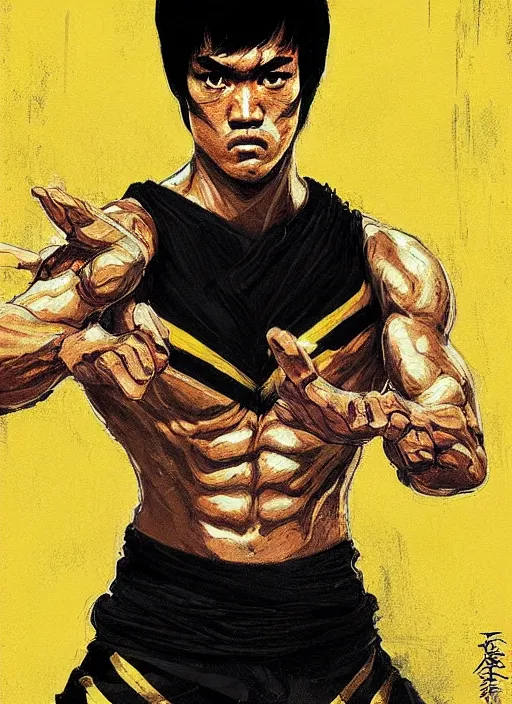 Image similar to bruce lee as a yellow and black stripes luxurious power ranger by greg rutkowski, claude monet, conrad roset, takato yomamoto, rule of thirds, sigma look, beautiful