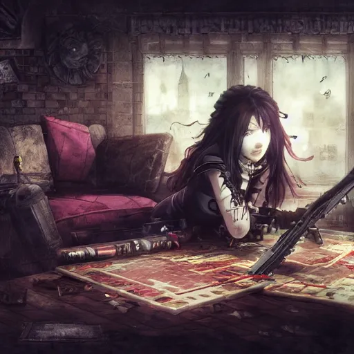 Image similar to goth woman playing videogames, tankoban, 4 k, tone mapping, akihiko yoshida, james jean andrei riabovitchev marc simonetti, yoshitaka amano, long hair, curly, h. hydrochaeri