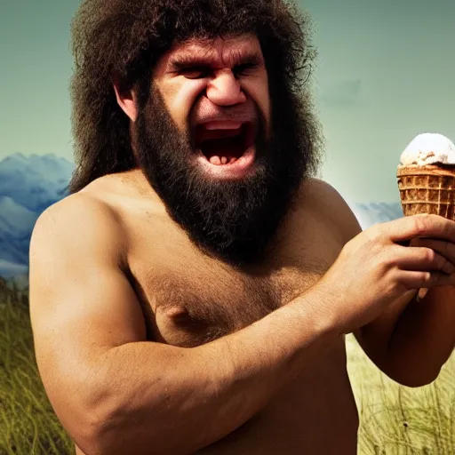 Prompt: photo of a neanderthal caveman eating ice cream