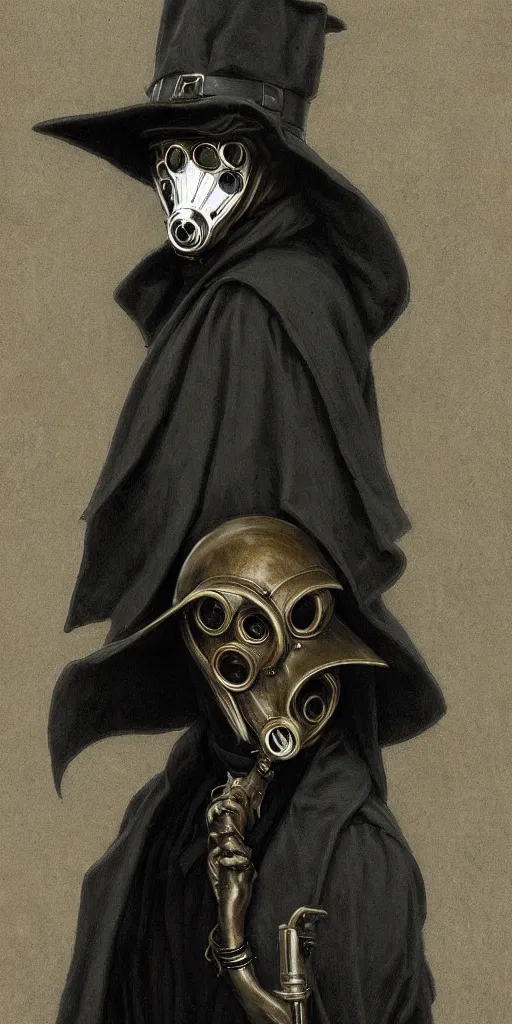 Image similar to portrait of man in black trench coat, wearing a steam punk plague doctor mask and a black top hat, highly detailed, artstation, concept art, by krenz cushart and donato giancola and william adolph bouguereau and alphonse mucha,