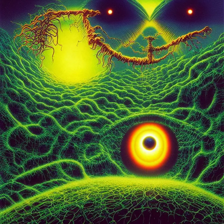 Prompt: eyeball in palm over glowing fields of infinite quantum ghosts, synthwave, bright neon colors, highly detailed, cinematic, tim white, vladimir kush, philippe druillet, roger dean, bob eggleton, michael whelan, boris vallejo, alfred kelsner, kubrick, jaroslaw jasnikowski