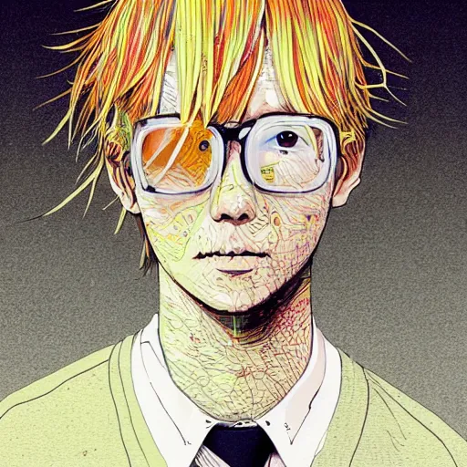 Prompt: a portrait of blonde male by inio asano, beeple and james jean, hiroyuki takahashi color scheme, digital art