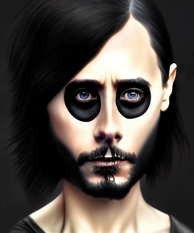 Image similar to jared leto with black fabric mask, short dark undercut hair, highly detailed face!!!, true anatomy!, extremely detailed!, digital painting, unreal engine 5, art by tom bagshaw