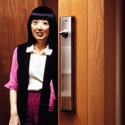 Image similar to ceo of binance changpeng zhao as shelley duvall in the iconic shining movie door axe