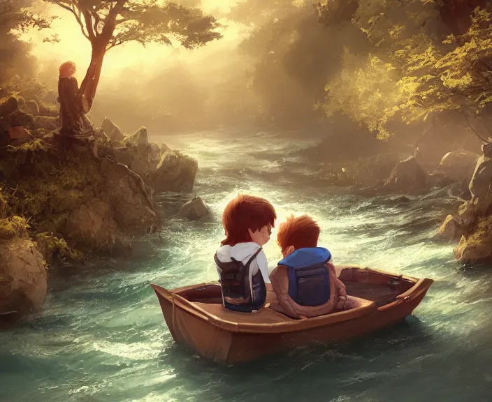 Image similar to a boy and girl sitting together on one single boat. Romantic. Girl has auburn hair, boy has short black hair. Narrow river in a forest, rocky shore, trees, shady, blue waters, ripples, waves, reflections, details, sharp focus, illustration, by Jordan Grimmer and greg rutkowski, Trending artstation, pixiv, digital art