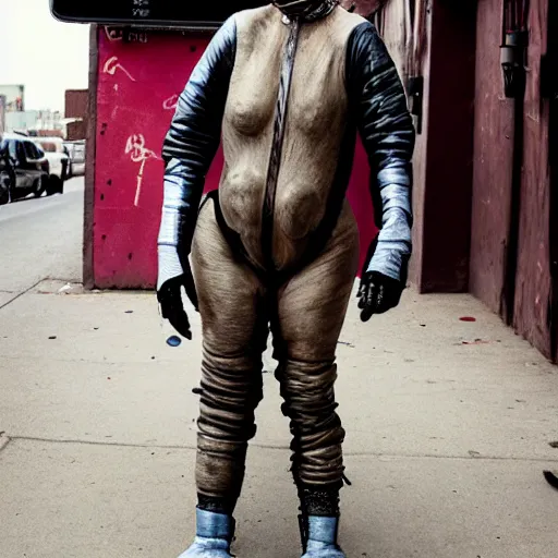 Image similar to uhd candid photo of dirty, homeless shie lebeouf wearing bizarre codpiece, ranting in a gimpsuit in the street. skid row. correct face, accurate face, exaggerated features, intricate details, intricate gimpsuit, hyperdetailed, accurate face. photorealistic. photo by annie leibowitz
