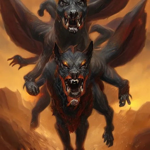 Image similar to three headed hellhound, hell background, cerberus monster, epic fantasy style, in the style of Greg Rutkowski, hearthstone artwork