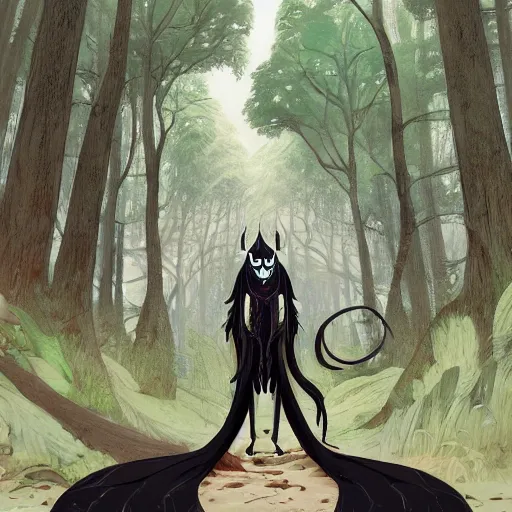 Image similar to concept art painting of an anthropomorphic dragon king with black robes, a long neck, and skull mask, in a deep forest, cel shaded, in the style of makoto shinkai and james gurney and studio ghibli and moebius