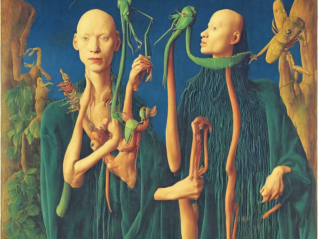 Image similar to portrait of albino mystic with blue eyes, with beautiful exotic giant mantis. Painting by Jan van Eyck, Audubon, Rene Magritte, Agnes Pelton, Max Ernst, Walton Ford