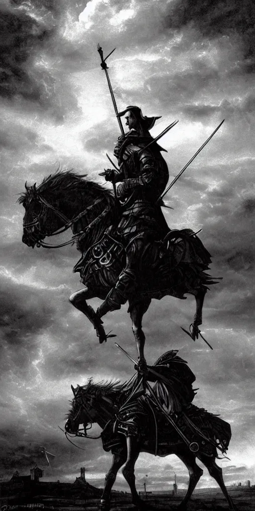 Image similar to a medieval don quixote walking alone in the night during a stormcloud with Lamancha windmills in the distance dramatic airbrushed clouds over black background by Luis royo and Caravaggio airbrush fantasy 80s, realistic masterpiece