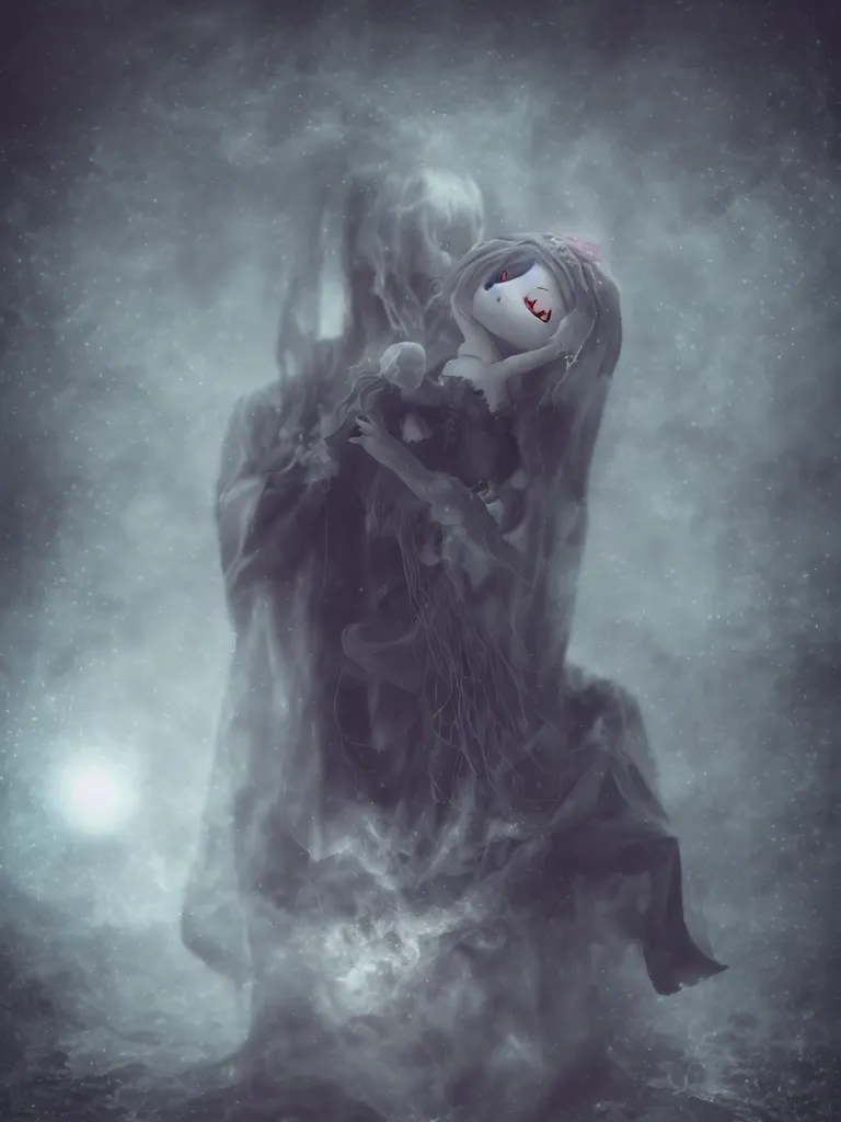 Prompt: cute fumo plush of a cursed frail witch girl held tight in the arms of a ghost mother, hugging, melting volumetric smoke and fog, environment map pbr reflective stormy water, gothic maiden, bokeh, vignette, vray