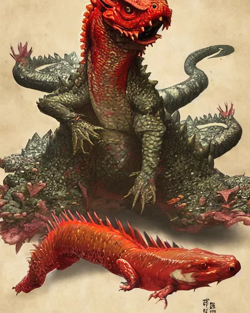 Image similar to game character beautiful giant kaiju sized pond dragon half fish half salamander, wet amphibious skin, red salamander, axolotl creature, koi pond, korean village by Ruan Jia and Gil Elvgren, fullbody