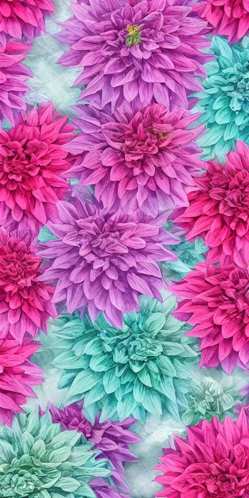 Image similar to chains of Dahlia flowers, various gradient colors, paper crumpled texture