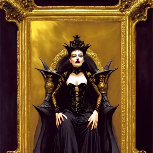 Image similar to perfectly centered portrait of attractive vampire queen in gold gothic robe sitting on a throne of black bones, painting by gaston bussiere, craig mullins, j. c. leyendecker, 8 k, mid shot