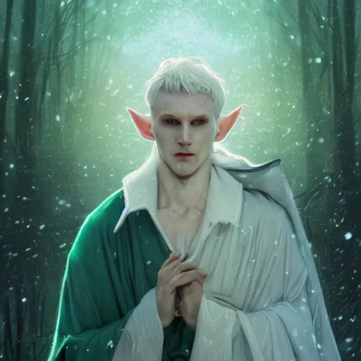 Prompt: portrait of a handsome pointy - eared male snow elf in a turquoise cape, albino skin, pointy ears, mid - shot, moonlight snowing, ethereal opalescent mist, winter vibes, perfect face, elegant, very coherent symmetrical artwork, by greg rutkowski, alphonse mucha, charlie bowater, trending on artstation