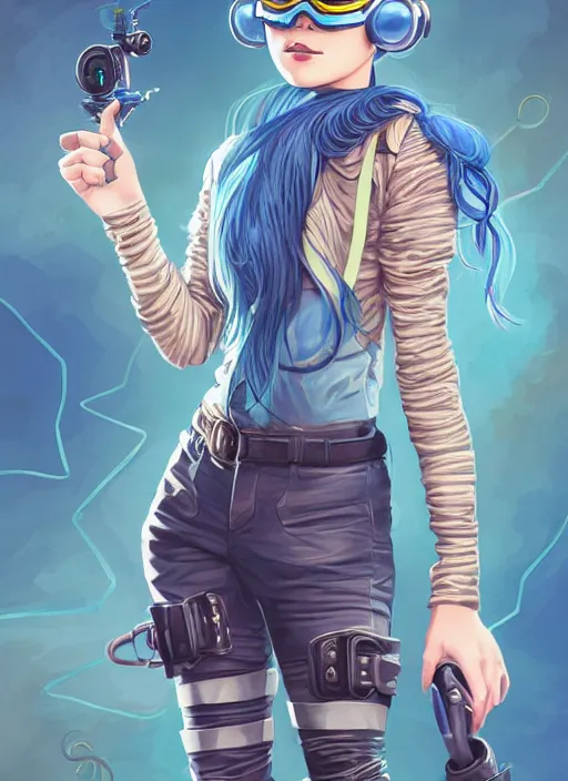 Image similar to painting of a teenage girl with swept back wild blue hair, fashionable, windy, steampunk, reflective goggles, smirking, full body, flat color solid background color, sharp focus, award - winning, cinematic pose, cinematic lighting, trending on artstation, masterpiece, highly detailed, intricate. art by josan gonzales and moebius and deathburger