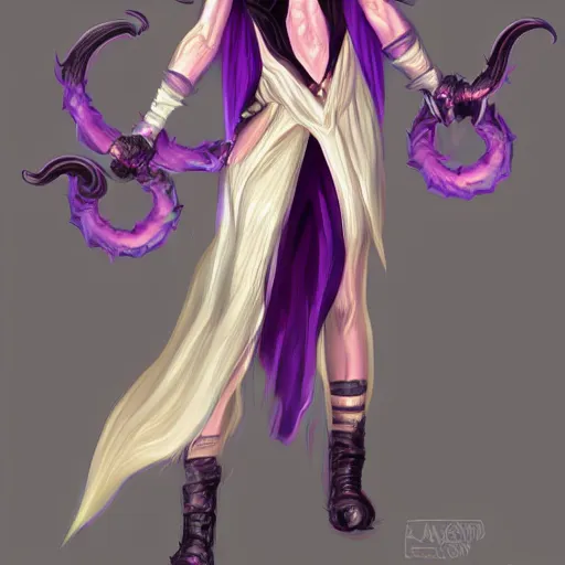 Prompt: fit female demon warlock with white spiral horns, young, purple cloak , still, digital painting, trending on artstation, masterpiece, in the style of JB Casacop