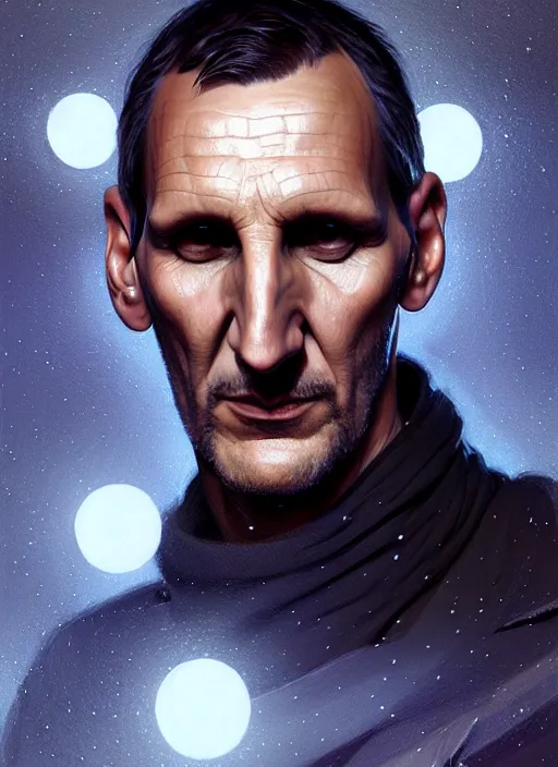 Prompt: portrait of christopher eccleston, intricate, elegant, glowing lights, highly detailed, digital painting, artstation, concept art, smooth, sharp focus, illustration, art by wlop, mars ravelo and greg rutkowski