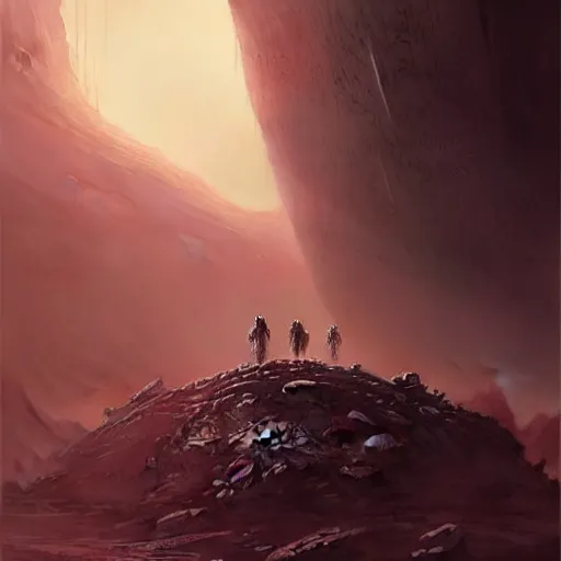 Image similar to astronaut exploring a strange surface of another planet, there are ruins of ancient civilization, ultra high definition, ultra detailed, symmetry, sci - fi, dark fantasy, in style of heavy metal comic, dark and horror style, metal by greg rutkowski and ross tran