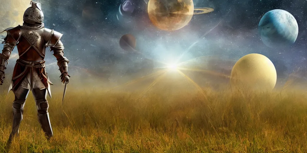 Image similar to medieval fantasy knight standing in a field, many planets in the sky behind him, craters, melancholy tone, composition, extremely detailed,