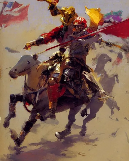 Image similar to close - up portrait of colorful rider pointing jousting lance at camera, caparisons, galloping, chainmail, by greg manchess, bernie fuchs, ruan jia, walter everett