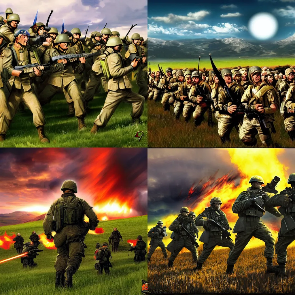 Prompt: windows xp wallpaper with soldiers raging war