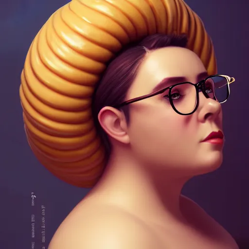 Prompt: portrait of a (heavy) stocky gorgeous beautiful beautiful woman with a frosted bundt bundt cake cake pan face, greek romanian, glasses glasses, wide shot, digital art, detailed , 8k, trending on artstation