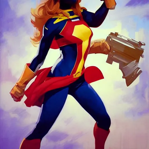 Image similar to greg manchess portrait painting of ms. marvel as overwatch character, medium shot, asymmetrical, profile picture, organic painting, sunny day, matte painting, bold shapes, hard edges, street art, trending on artstation, by huang guangjian and gil elvgren and sachin teng