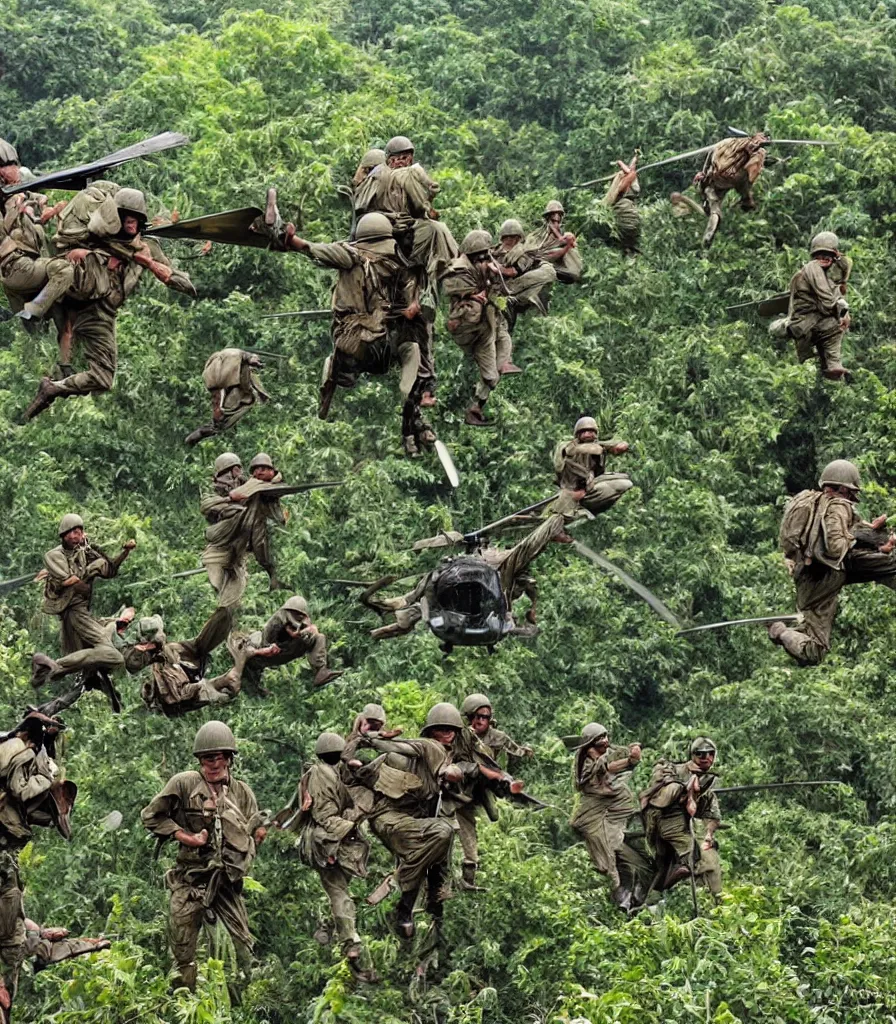 Image similar to vietnam war helicopter soldiers rain jungle in the style of frank miller