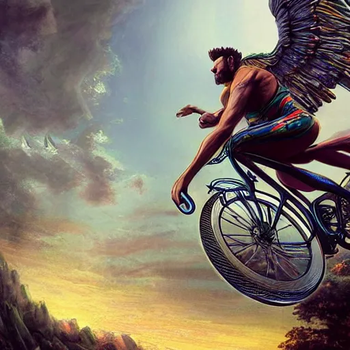 Image similar to giga chad angel riding a bike, unreal engine, digital, artstation, detailed intricate illustration, heavenly atmosphere, digital art, overdetailed art, concept art, complementing colors, trending on artstation, cgstudio, the most beautiful image ever created, dramatic, subtle, details, award winning artwork, beautiful scenery