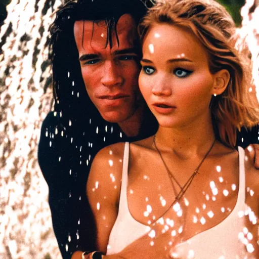 Prompt: portrait shot of young arnold schwarzenegger holding tight in love dancing in the rain with jennifer lawrence beautiful white wet dress, 5 0 mm kodak, beautiful light, best lense, 9 0 s romantic movie, 4 k