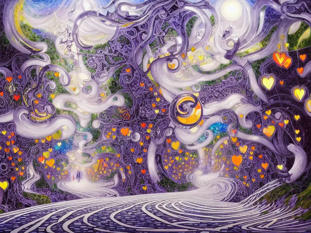 Prompt: a collision of exploding black hearts and white hearts in impressionist form of an endlessly long and winding path through an fantasy village, vivid vibrant geometric art nouveau. trending on pixiv and artstation. an absurdly detailed oil painting