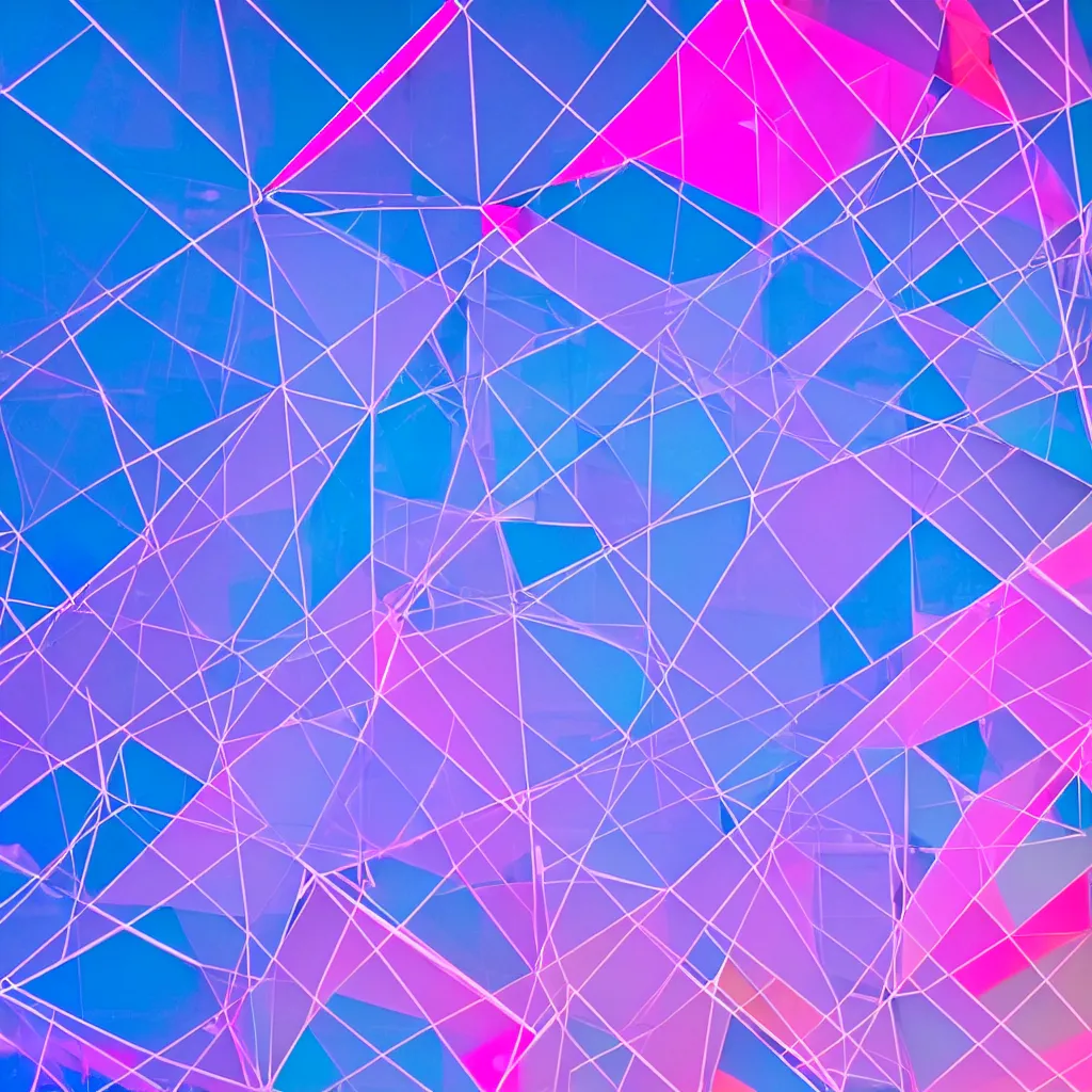 Prompt: photograph of intersecting windows of various colors at night, blue and pink accents, dream-like, hyperbolic geometry, trending on Unsplash, volumetric lighting