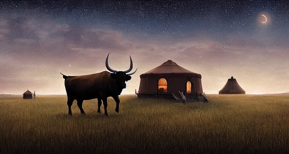 Prompt: close - up bull, deep night, stars shining, a yurt, in the steppe, summer field, from the game pathologic 2, highly detailed, sharp focus, matte painting, by isaac levitan and asher brown durand,